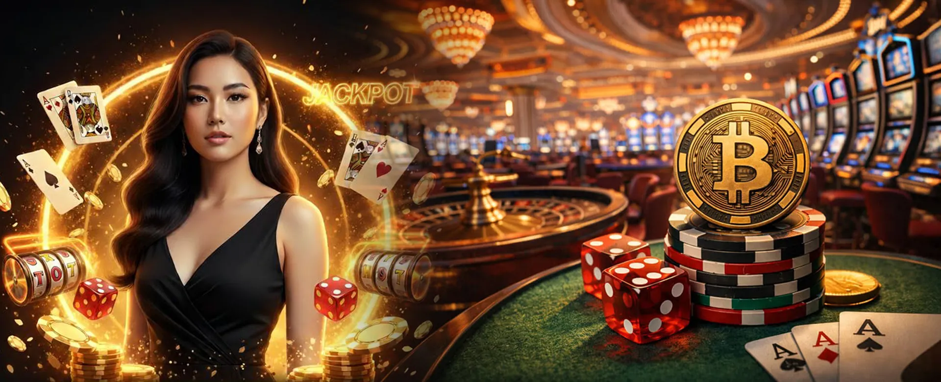 Jili777 About Us Hero Image, featuring a golden casino chip and dynamic lights